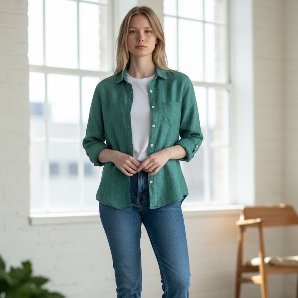UNTUCKit Medium Linen Slim Fit Button Down Shirt Green Coastal Summer Breathable